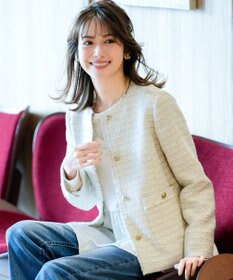 ANY SIS ノーカラーフリンジツイード ジャケット ライトベージュミックス