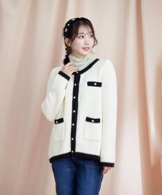 Tiaclasse 【洗える】ミドル丈配色ノーカラーニットジャケット