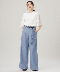 自由区 【洗える】コットンリネンシャンブレーワイドストレート パンツ