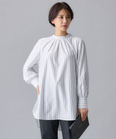 自由区 【洗える】ストレッチシャーティングスタンドカラーストライプ ブラウス