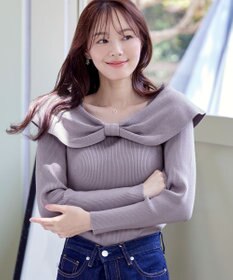 Tiaclasse リボン衿リブニットトップス