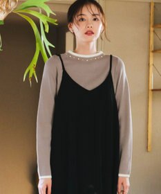 Tiaclasse L 【洗える】襟パール配色ニットトップス