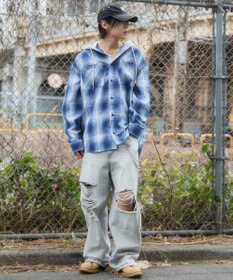 WEGO 【ユニセックス着用ITEM/MLサイズ展開】オンブレチェックフードシャツ（LS）