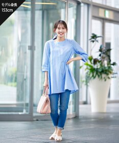 Tiaclasse L 【洗える】リボンスリーブストライプチュニックブラウス