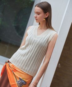 BEIGE， OPTICAL /  ペーパーヤーン Vネックリブニット