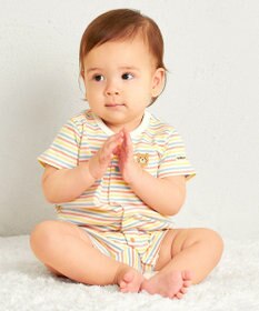 MIKI HOUSE HOT BISCUITS 【70-80cm】 みじんボーダー ワンポイント刺繍 ショートオール