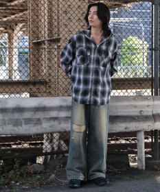 WEGO オンブレチェックフードシャツ（LS）