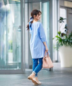 Tiaclasse L 【洗える】リボンスリーブストライプチュニックブラウス