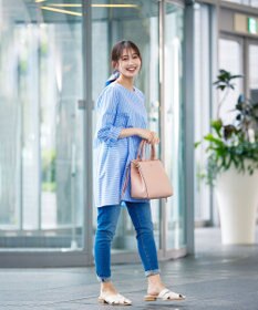 Tiaclasse L 【洗える】リボンスリーブストライプチュニックブラウス