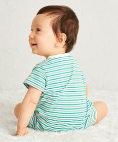 MIKI HOUSE HOT BISCUITS 【70-80cm】 みじんボーダー ワンポイント刺繍 ショートオール