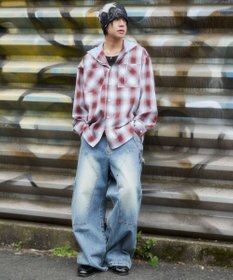 WEGO 【ユニセックス着用ITEM/MLサイズ展開】オンブレチェックフードシャツ（LS）