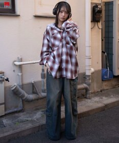 WEGO 【ユニセックス着用ITEM/MLサイズ展開】オンブレチェックフードシャツ（LS）