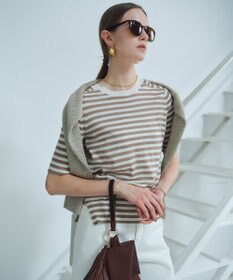 BEIGE， JULIE / コットンシルク 2WAY半袖ニット Ecru×Taupe