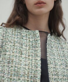 BEIGE， TEASEL / ノーカラーツイードショートジャケット