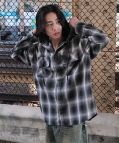 WEGO オンブレチェックフードシャツ（LS）