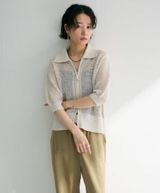 Green Parks 襟付きメッシュ編みＺＩＰカーディガン