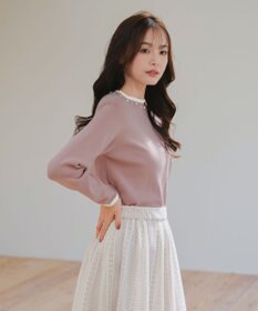 Tiaclasse L 【洗える】襟パール配色ニットトップス