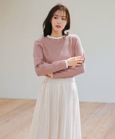 Tiaclasse L 【洗える】襟パール配色ニットトップス