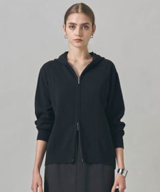 ICB 【洗える】ソフトカシミヤミックス ジップアップ ニットパーカー ブラック系