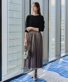 Tiaclasse L 【洗える】襟パール配色ニットトップス