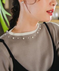 Tiaclasse L 【洗える】襟パール配色ニットトップス