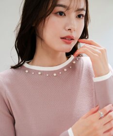 Tiaclasse L 【洗える】襟パール配色ニットトップス