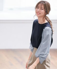 ANY SIS 【洗える】異素材コンビネジリパフ袖 プルオーバー