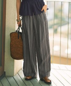 自由区 【カタログ掲載・セットアップ対応・洗える】リネンビスコースストライプドロスト パンツ セピア系