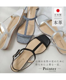 Pointer 日本製 本革ゴム仕様ストラップスクエアトゥサンダル