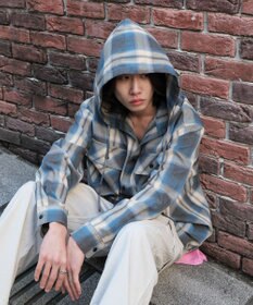 WEGO オンブレチェックフードシャツ（LS）