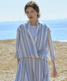 J.PRESS LADIES 【一枚で着映え・セット着用可】リネンMIX ストライプ シャツ ブラウス ブルーマルチ系
