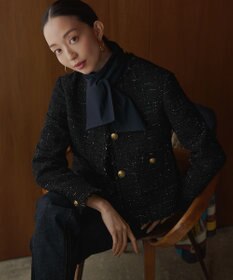 23区 GIOLICAツイード ノーカラー ボタン ジャケット ブラックミックス