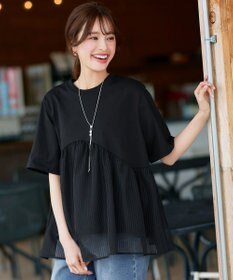 Tiaclasse 【洗える】 ストライプチュール切替トップス