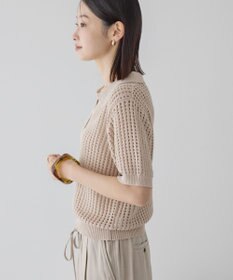 AMERICAN HOLIC 衿付きメッシュ編み半袖ニットプルオーバー