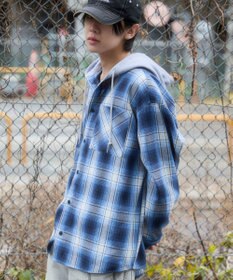 WEGO 【ユニセックス着用ITEM/MLサイズ展開】オンブレチェックフードシャツ（LS）