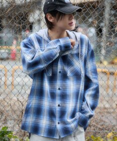 WEGO 【ユニセックス着用ITEM/MLサイズ展開】オンブレチェックフードシャツ（LS）