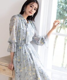 Tiaclasse L 【洗える】程良い透け感のプリントボウタイワンピース