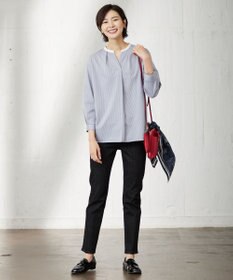 J.PRESS LADIES L ピンストライプジャージー バンドカラー スキッパー カットソー