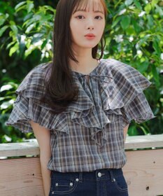 Tiaclasse L 【洗える】チェック柄フリルブラウス