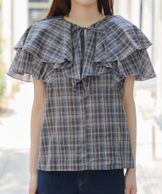 Tiaclasse L 【洗える】チェック柄フリルブラウス