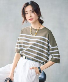 自由区 【カタログ掲載・素材アップデート・新色追加・新柄追加・前後差あり】クレープストレッチプルオーバー ニットⅡ [新色]カーキ×オフボーダー