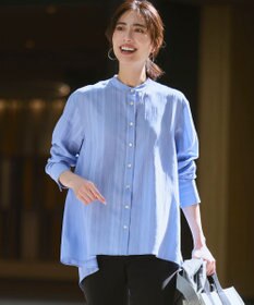 23区 S ドビーストライプ バックタック フレアブラウス スカイブルー系