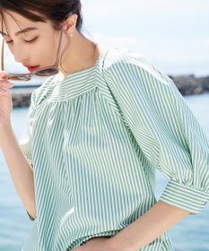 Tiaclasse L 【洗える】ストライプパフスリーブブラウス