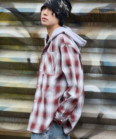 WEGO 【ユニセックス着用ITEM/MLサイズ展開】オンブレチェックフードシャツ（LS）