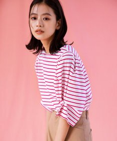 組曲 L 【洗える】プレーティング天竺タックスリーブボーダー カットソー