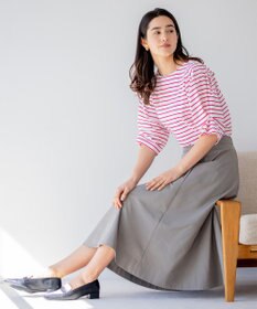 組曲 L 【洗える】プレーティング天竺タックスリーブボーダー カットソー