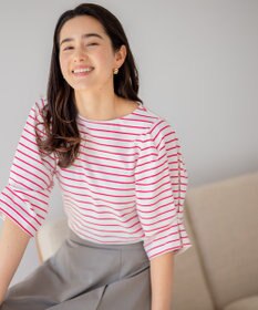 組曲 L 【洗える】プレーティング天竺タックスリーブボーダー カットソー