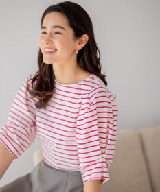 組曲 L 【洗える】プレーティング天竺タックスリーブボーダー カットソー