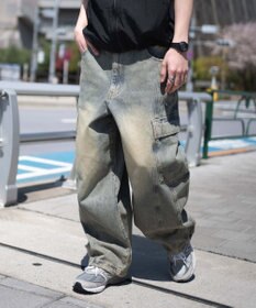 WEGO 【SMLサイズ展開/ウエスト紐】イージー3Dバレルレッグデニムカーゴパンツ