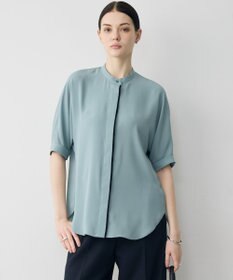 ICB 【新色追加・WEB限定カラーあり】BackSatinAmunzen 5分袖バンドカラーブラウス ダークセージ